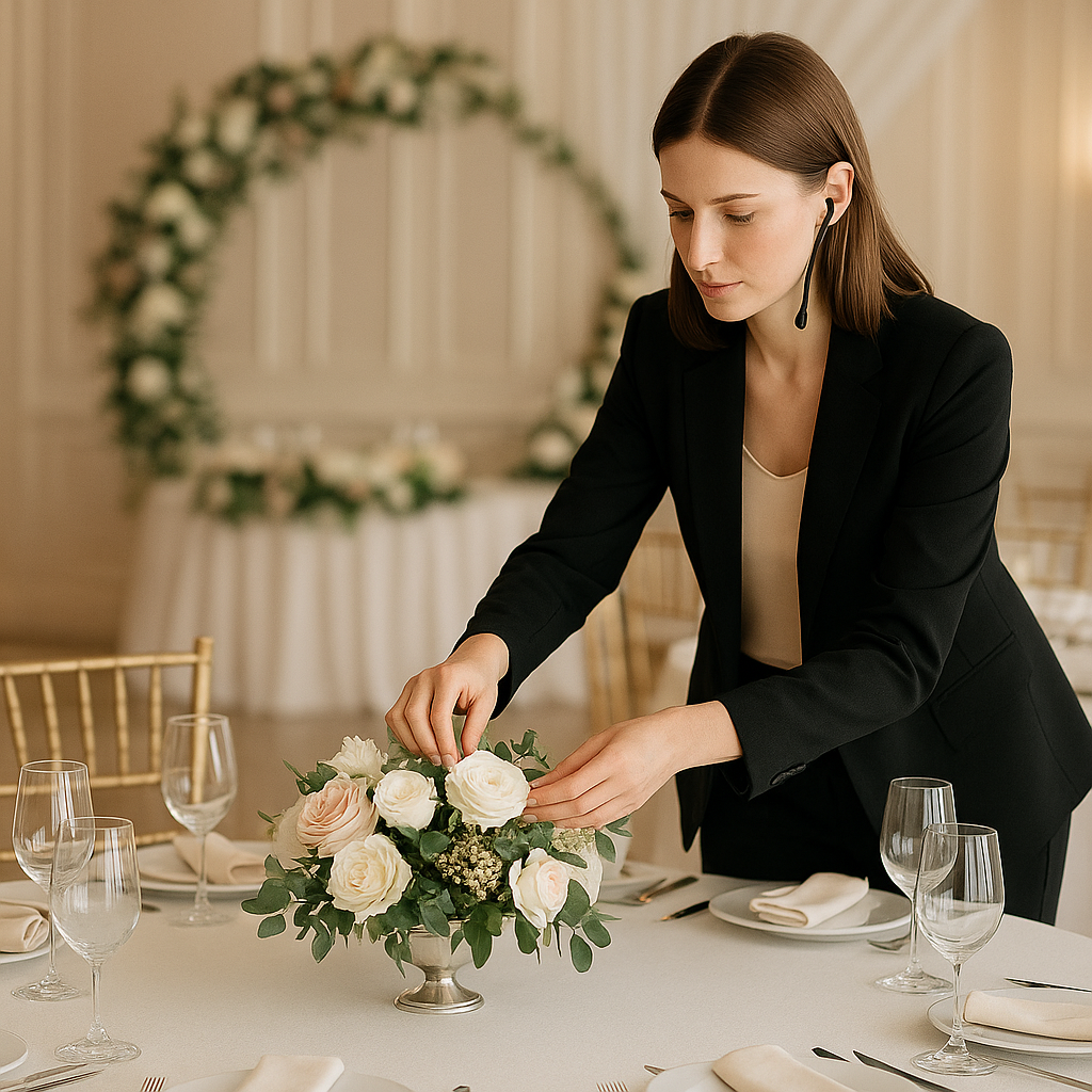 Wedding planner preparando la decoración del salón de matrimonio, ajustando flores y detalles de la recepción.
